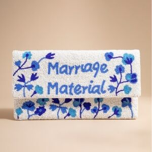 Beaded 'Marriage Material' Floral Clutch - Blue on Ivory